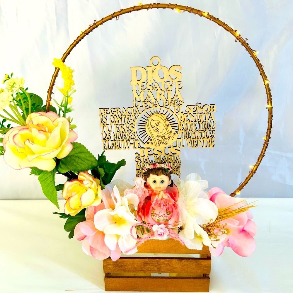 CENTERPIECE OR FABOR FOR BAPTISM  FIRST COMUNIÓN PINK WITH RING AND LUGHT